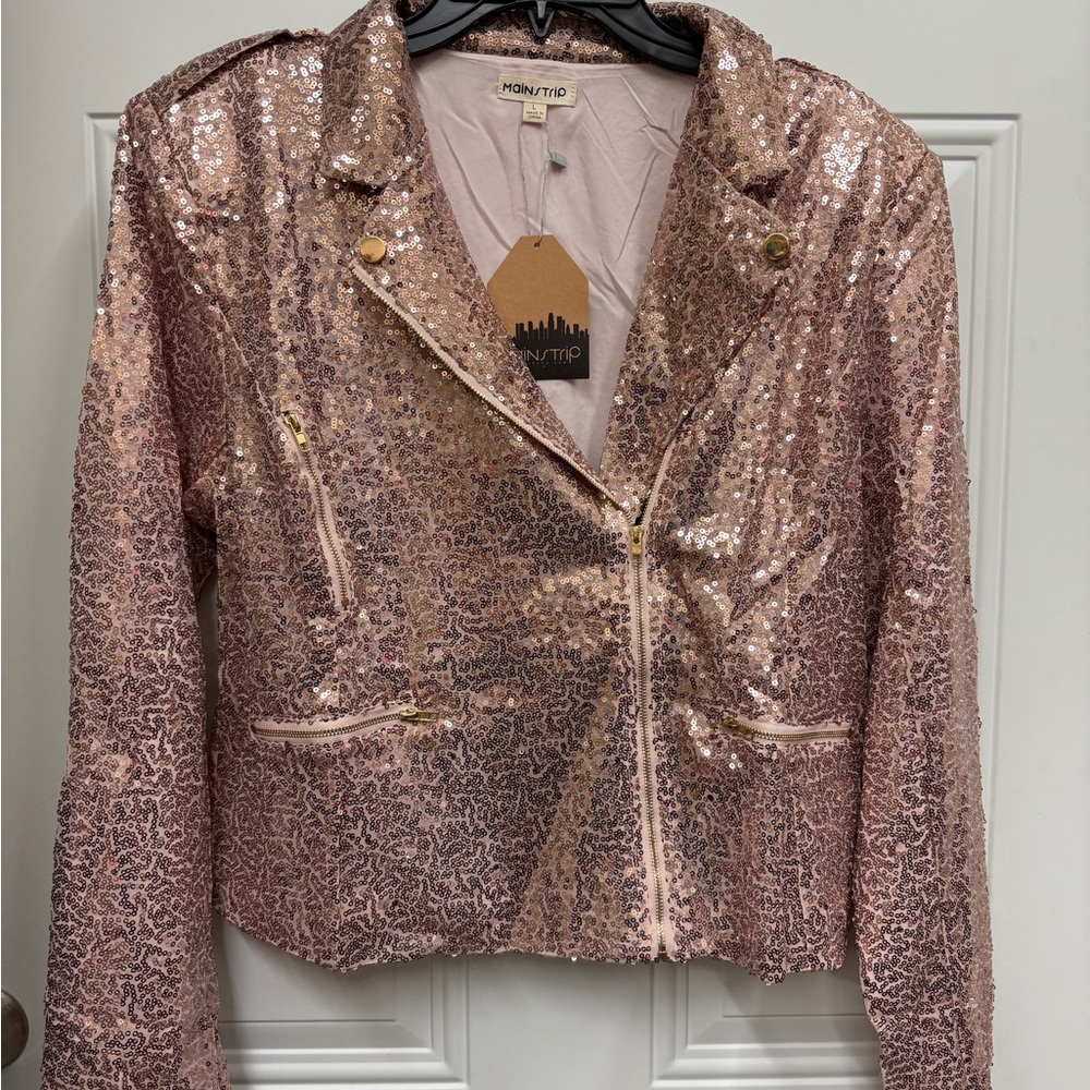 Rose gold pink Sequin Women's moto Jacket nwt